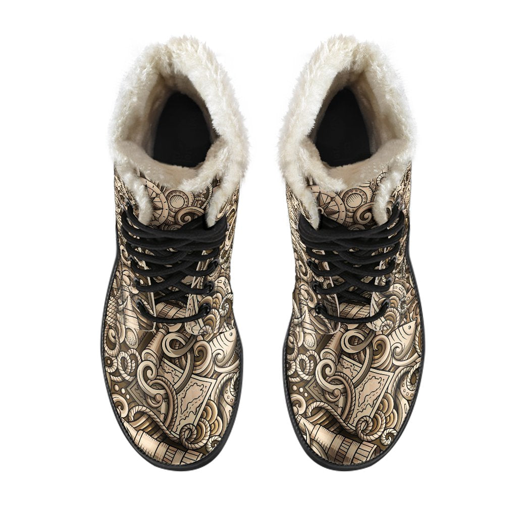 Nautical Tattoo Design Themed Print Faux Fur Leather Boots-JTAMIGO.COM