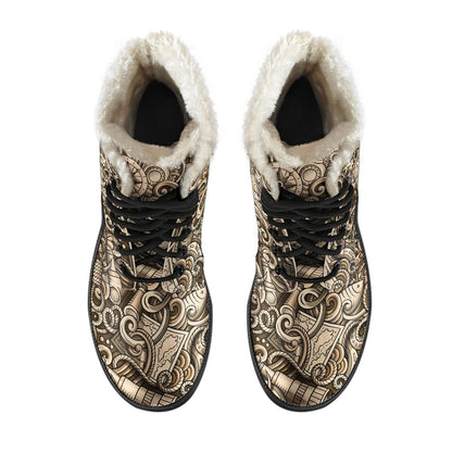 Nautical Tattoo Design Themed Print Faux Fur Leather Boots-JTAMIGO.COM