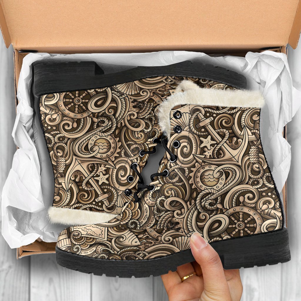 Nautical Tattoo Design Themed Print Faux Fur Leather Boots-JTAMIGO.COM