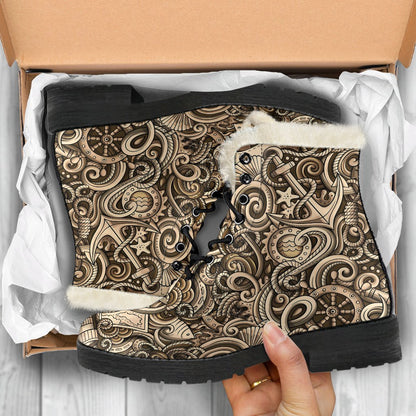 Nautical Tattoo Design Themed Print Faux Fur Leather Boots-JTAMIGO.COM