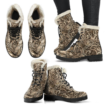 Nautical Tattoo Design Themed Print Faux Fur Leather Boots-JTAMIGO.COM