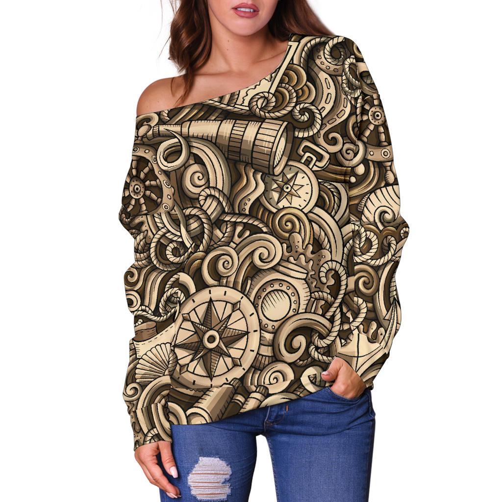 Nautical Tattoo Design Themed Print Off Shoulder Sweatshirt