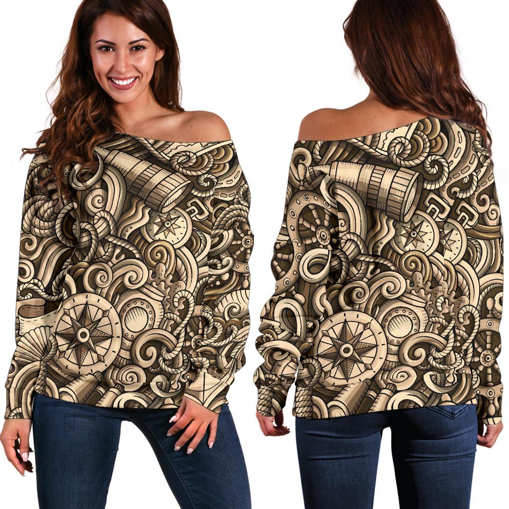 Nautical Tattoo Design Themed Print Off Shoulder Sweatshirt