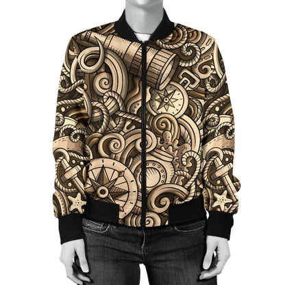 Nautical Tattoo Design Themed Print Women Casual Bomber Jacket