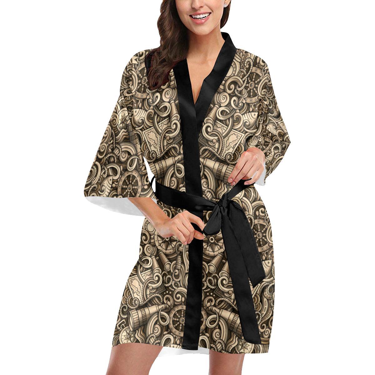 Nautical Tattoo Design Themed Print Women Short Kimono Robe