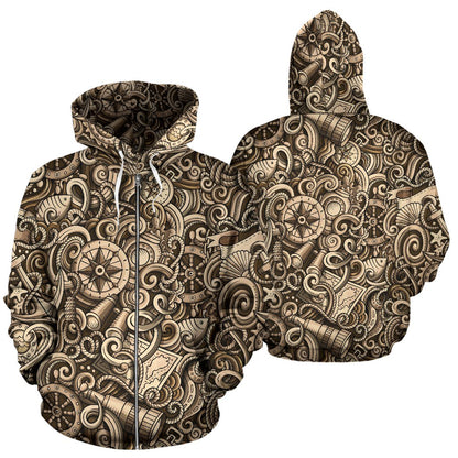 Nautical Tattoo Design Themed Print Zip Up Hoodie