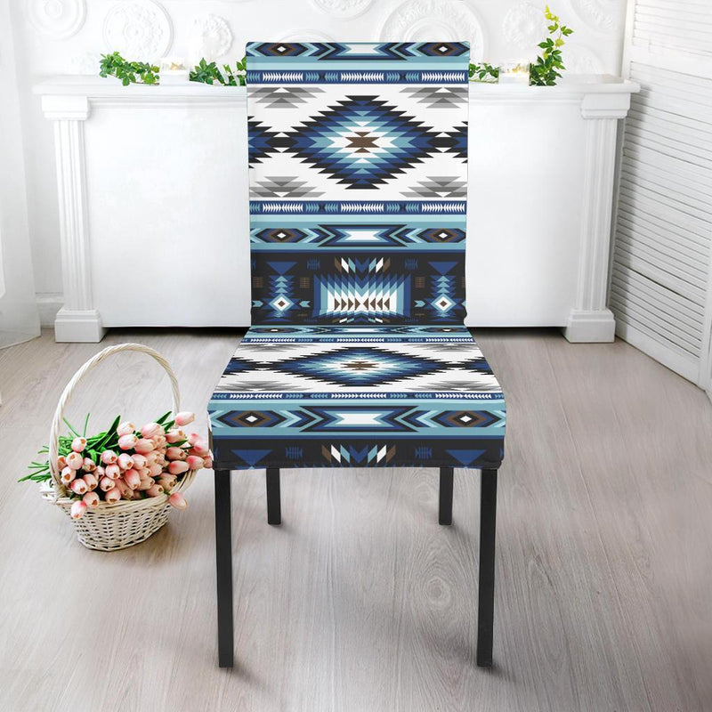 Navajo Dark Blue Print Pattern Dining Chair Slipcover-JTAMIGO.COM