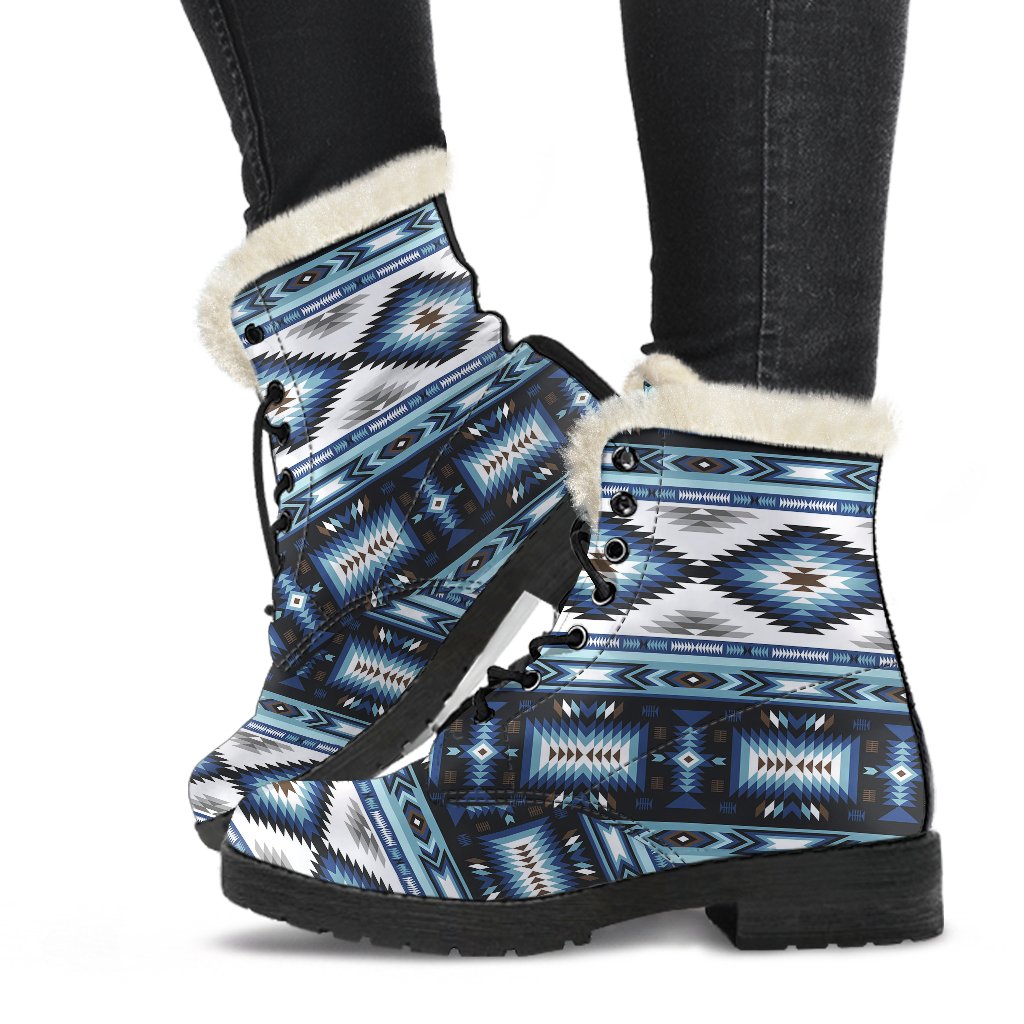 Navajo Dark Blue Print Pattern Faux Fur Leather Boots-JTAMIGO.COM