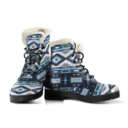 Navajo Dark Blue Print Pattern Faux Fur Leather Boots-JTAMIGO.COM