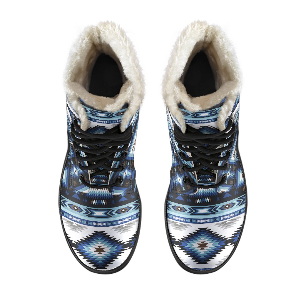 Navajo Dark Blue Print Pattern Faux Fur Leather Boots-JTAMIGO.COM