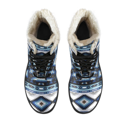 Navajo Dark Blue Print Pattern Faux Fur Leather Boots-JTAMIGO.COM