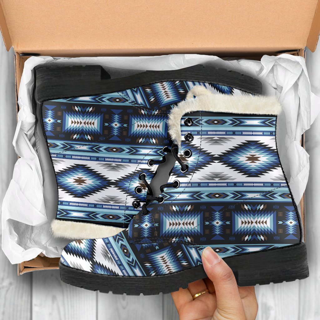 Navajo Dark Blue Print Pattern Faux Fur Leather Boots-JTAMIGO.COM