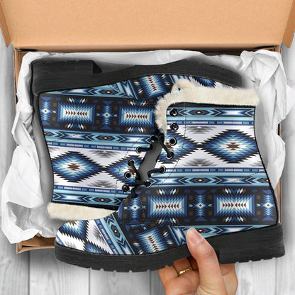 Navajo Dark Blue Print Pattern Faux Fur Leather Boots-JTAMIGO.COM