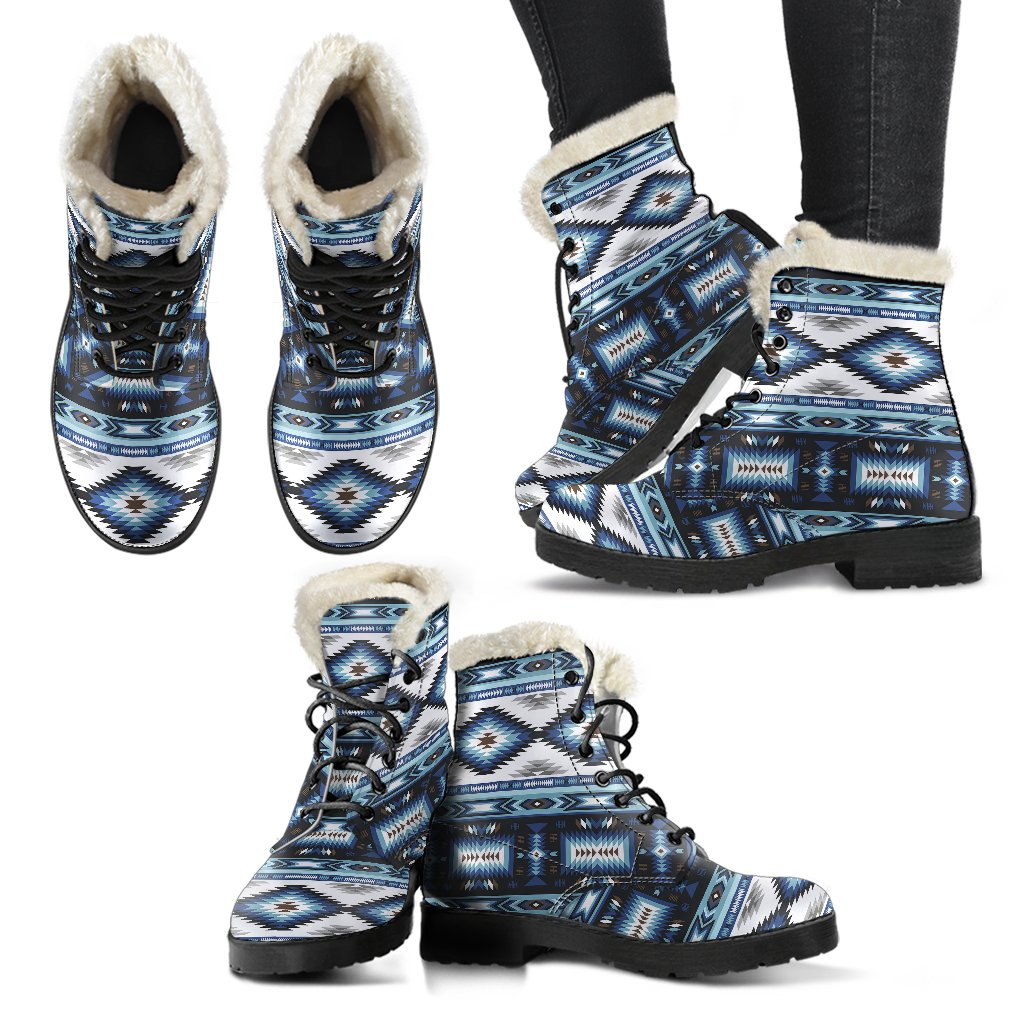 Navajo Dark Blue Print Pattern Faux Fur Leather Boots-JTAMIGO.COM