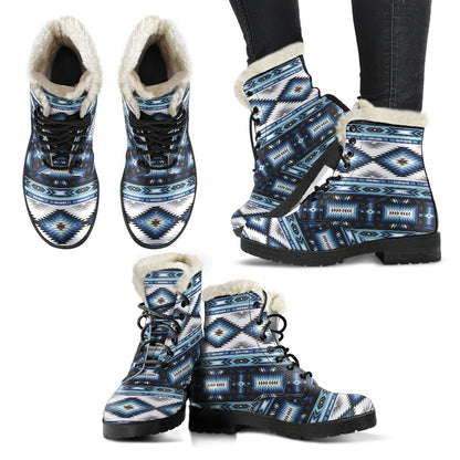 Navajo Dark Blue Print Pattern Faux Fur Leather Boots-JTAMIGO.COM
