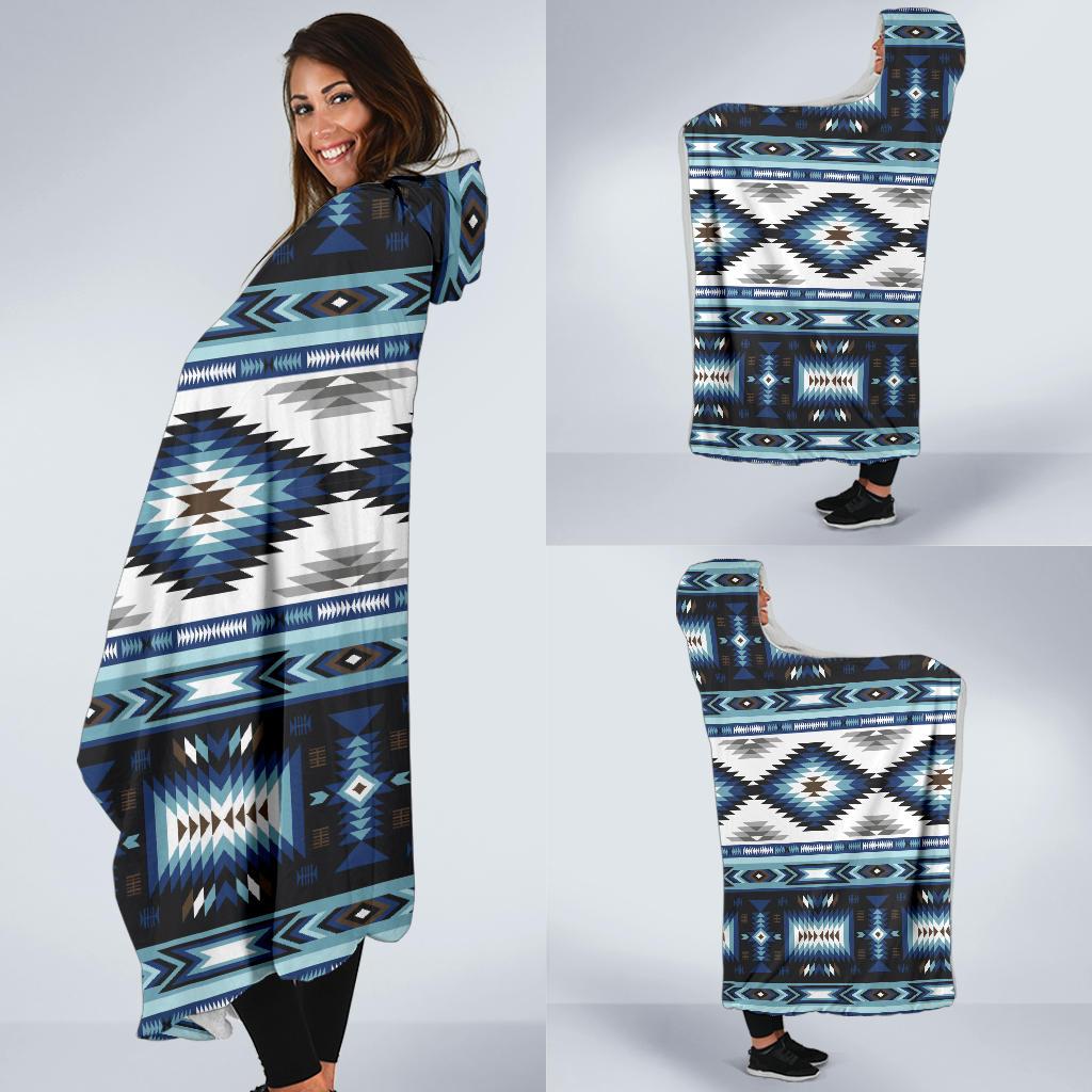 Navajo Dark Blue Print Pattern Hooded Blanket-JTAMIGO.COM