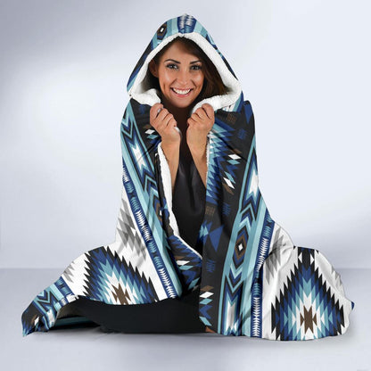 Navajo Dark Blue Print Pattern Hooded Blanket-JTAMIGO.COM