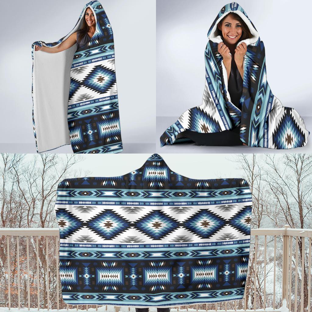 Navajo Dark Blue Print Pattern Hooded Blanket-JTAMIGO.COM