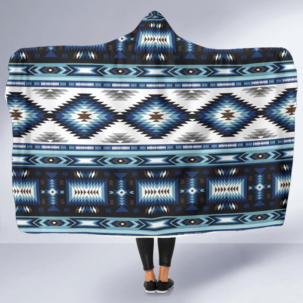 Navajo Dark Blue Print Pattern Hooded Blanket-JTAMIGO.COM