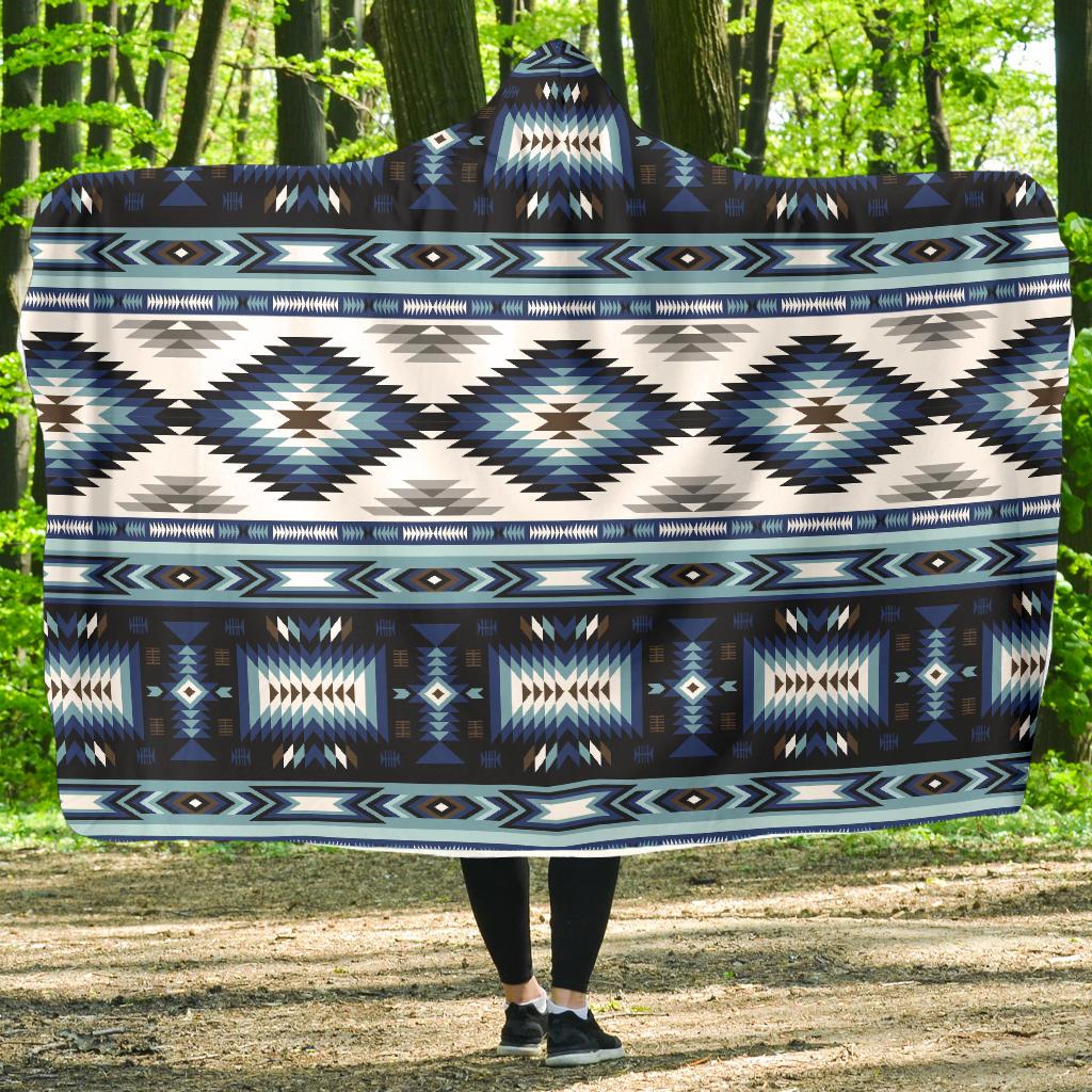 Navajo Dark Blue Print Pattern Hooded Blanket-JTAMIGO.COM