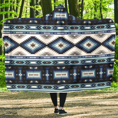 Navajo Dark Blue Print Pattern Hooded Blanket-JTAMIGO.COM