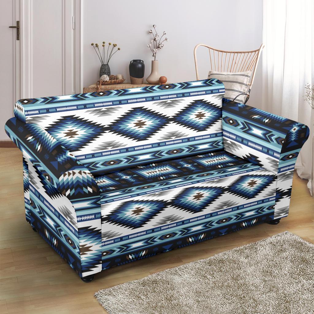 Navajo Dark Blue Print Pattern Loveseat Slipcover-JTAMIGO.COM