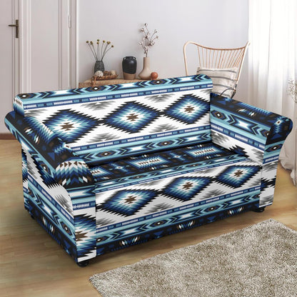 Navajo Dark Blue Print Pattern Loveseat Slipcover-JTAMIGO.COM