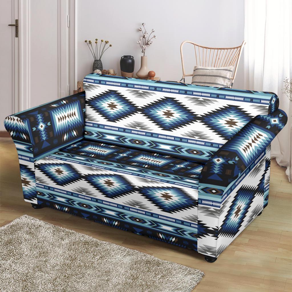 Navajo Dark Blue Print Pattern Loveseat Slipcover-JTAMIGO.COM