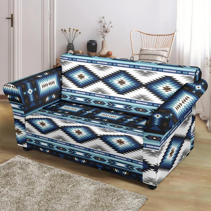 Navajo Dark Blue Print Pattern Loveseat Slipcover-JTAMIGO.COM