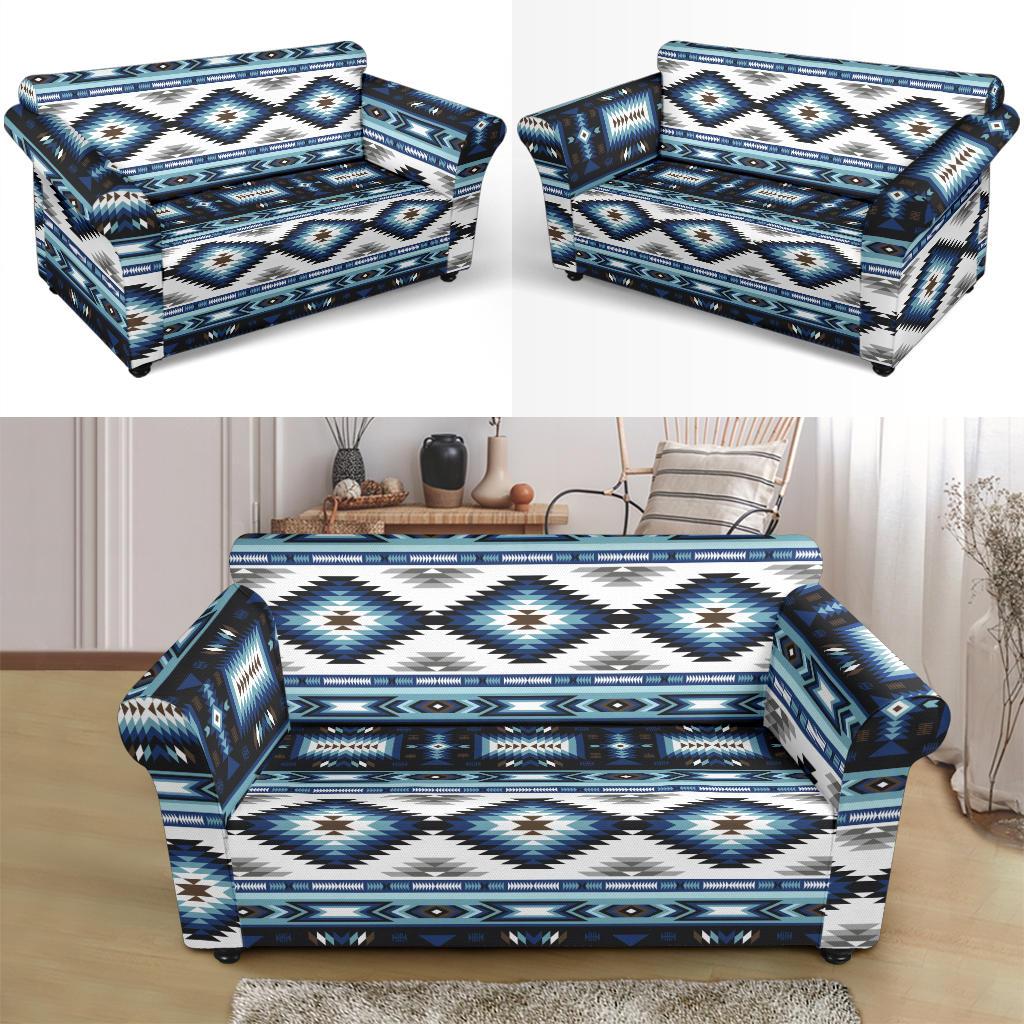 Navajo Dark Blue Print Pattern Loveseat Slipcover-JTAMIGO.COM