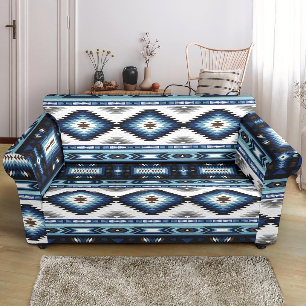 Navajo Dark Blue Print Pattern Loveseat Slipcover-JTAMIGO.COM