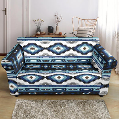 Navajo Dark Blue Print Pattern Loveseat Slipcover-JTAMIGO.COM