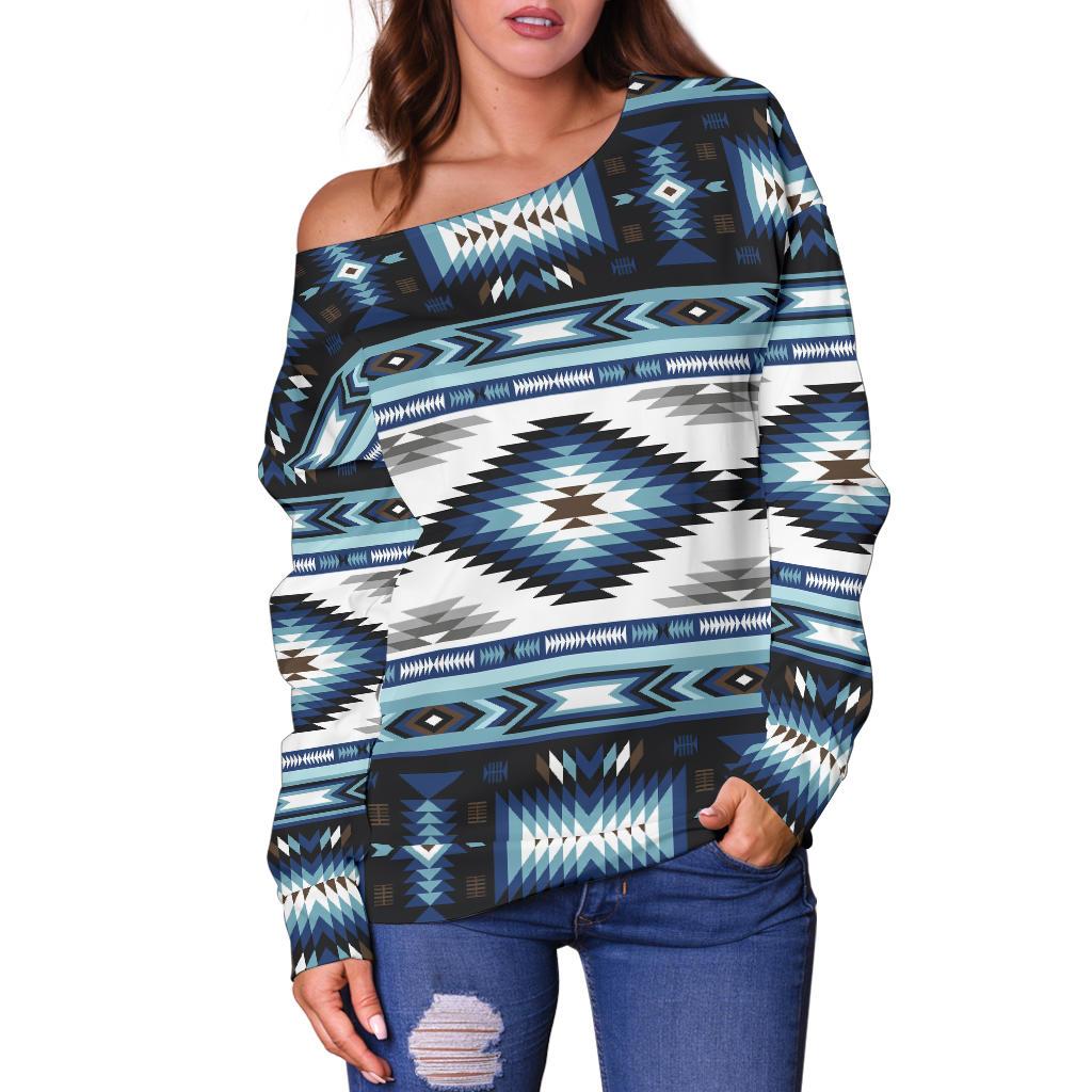 Navajo Dark Blue Print Pattern Off Shoulder Sweatshirt