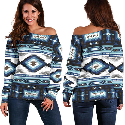Navajo Dark Blue Print Pattern Off Shoulder Sweatshirt