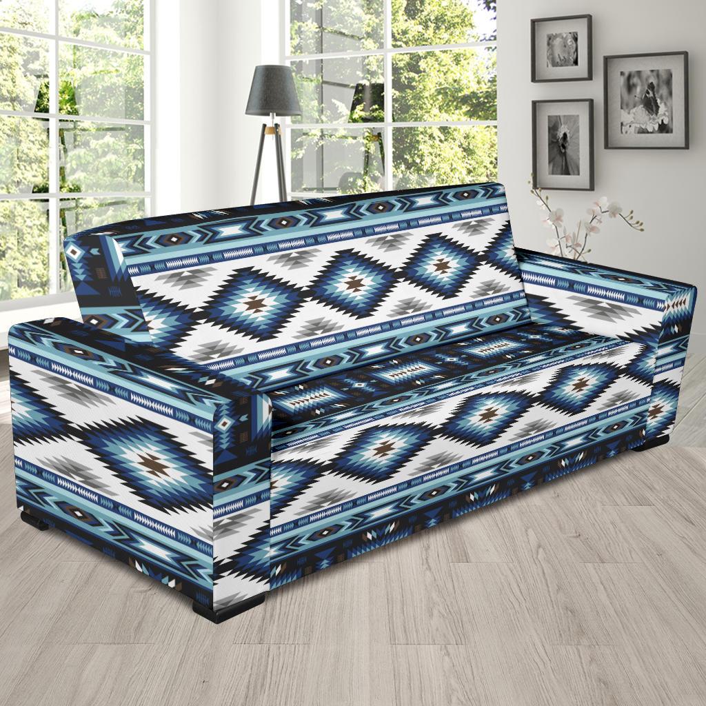 Navajo Dark Blue Print Pattern Sofa Slipcover-JTAMIGO.COM