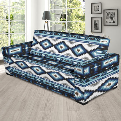 Navajo Dark Blue Print Pattern Sofa Slipcover-JTAMIGO.COM