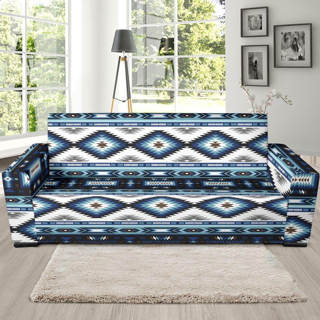 Navajo Dark Blue Print Pattern Sofa Slipcover-JTAMIGO.COM