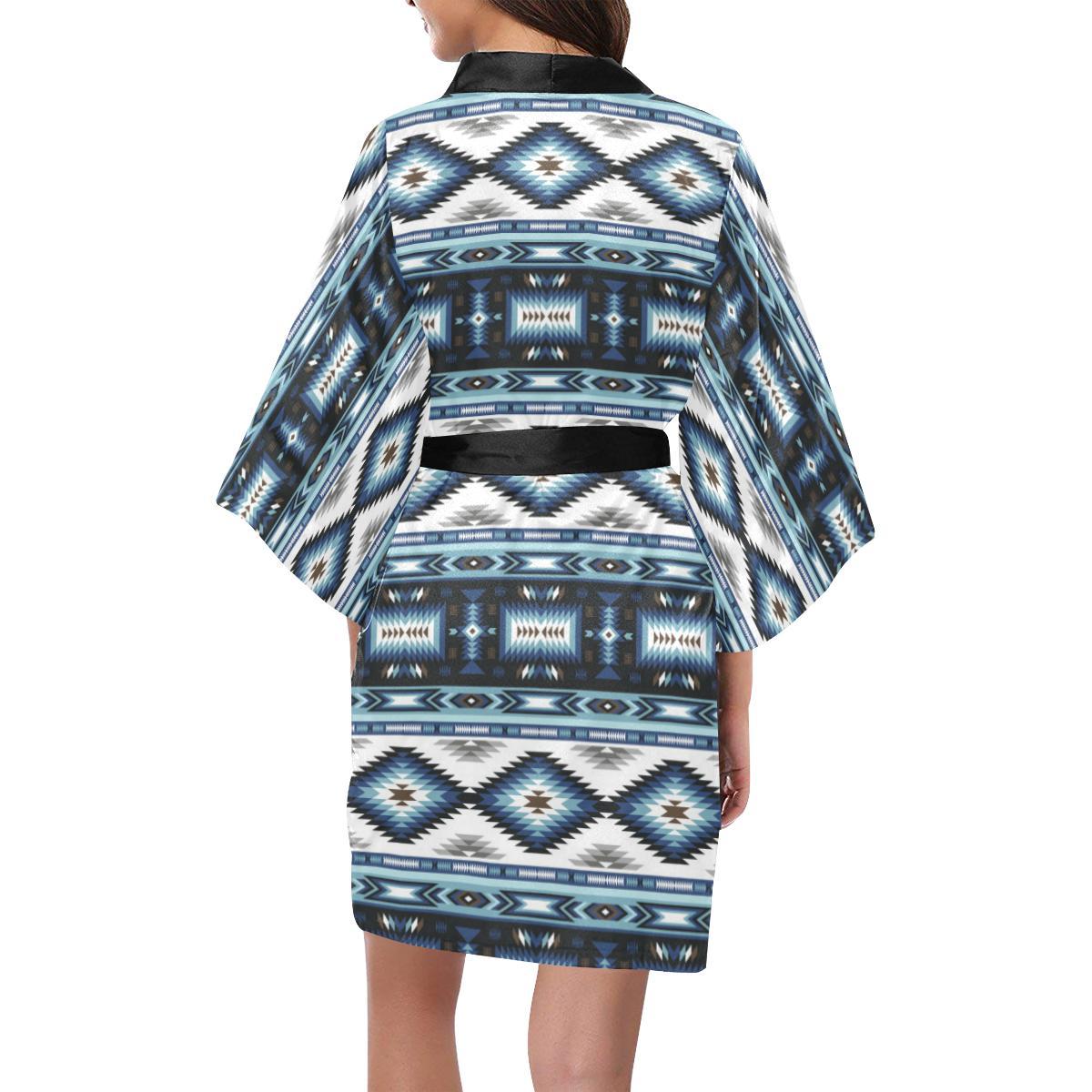 Navajo Dark Blue Print Pattern Women Short Kimono Robe