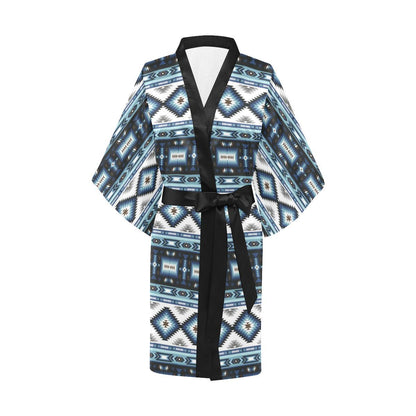 Navajo Dark Blue Print Pattern Women Short Kimono Robe
