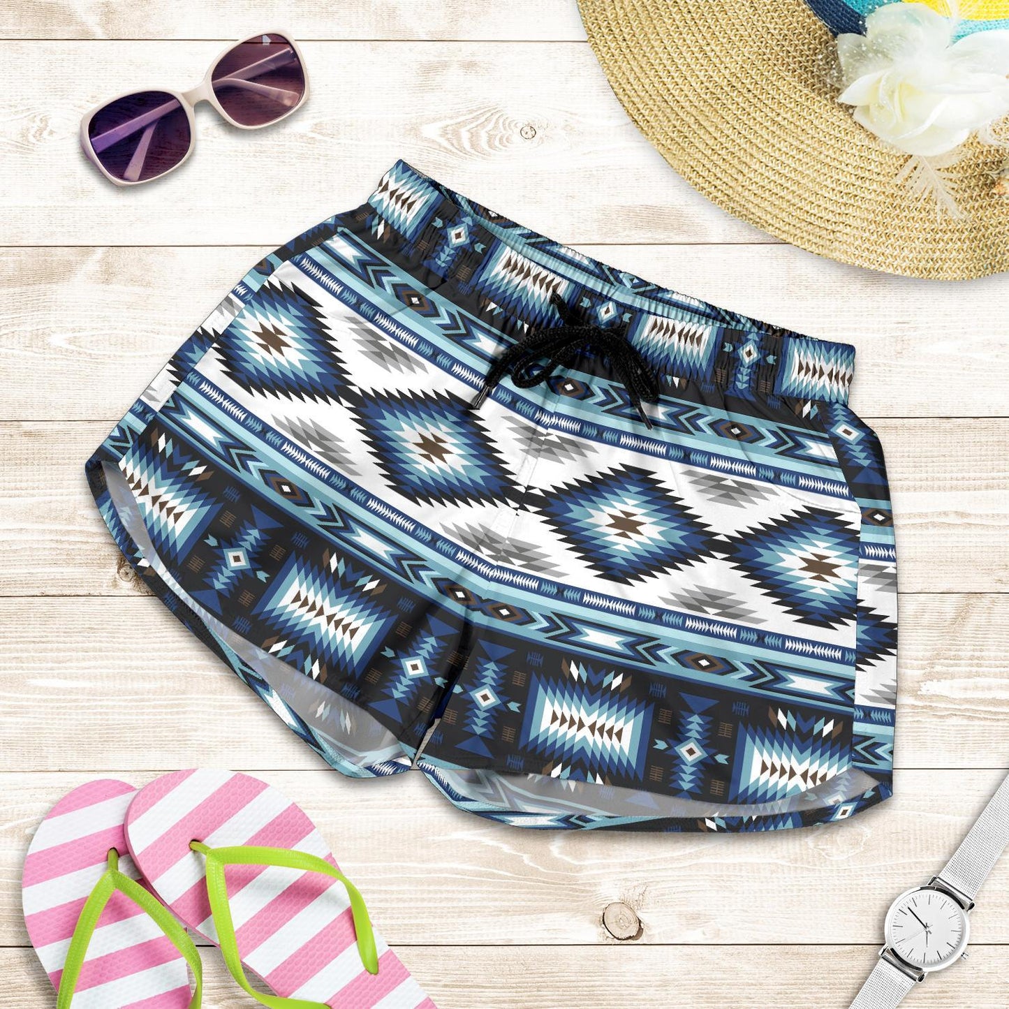 Navajo Dark Blue Print Pattern Women Shorts-JTAMIGO.COM