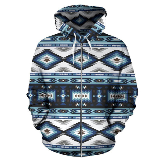 Navajo Dark Blue Print Pattern Zip Up Hoodie
