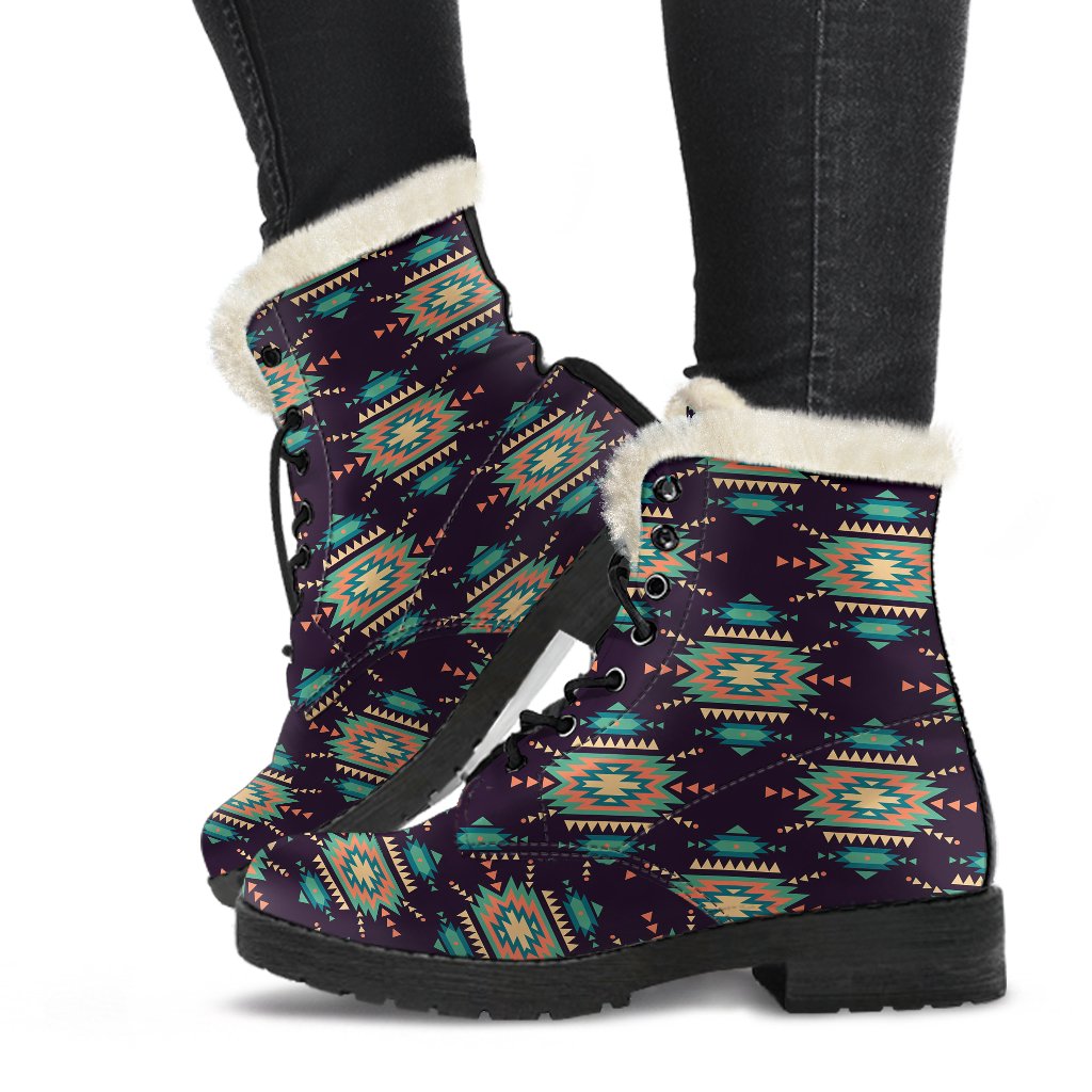 Navajo Geometric Style Print Pattern Faux Fur Leather Boots-JTAMIGO.COM
