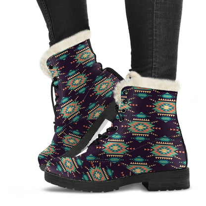 Navajo Geometric Style Print Pattern Faux Fur Leather Boots-JTAMIGO.COM