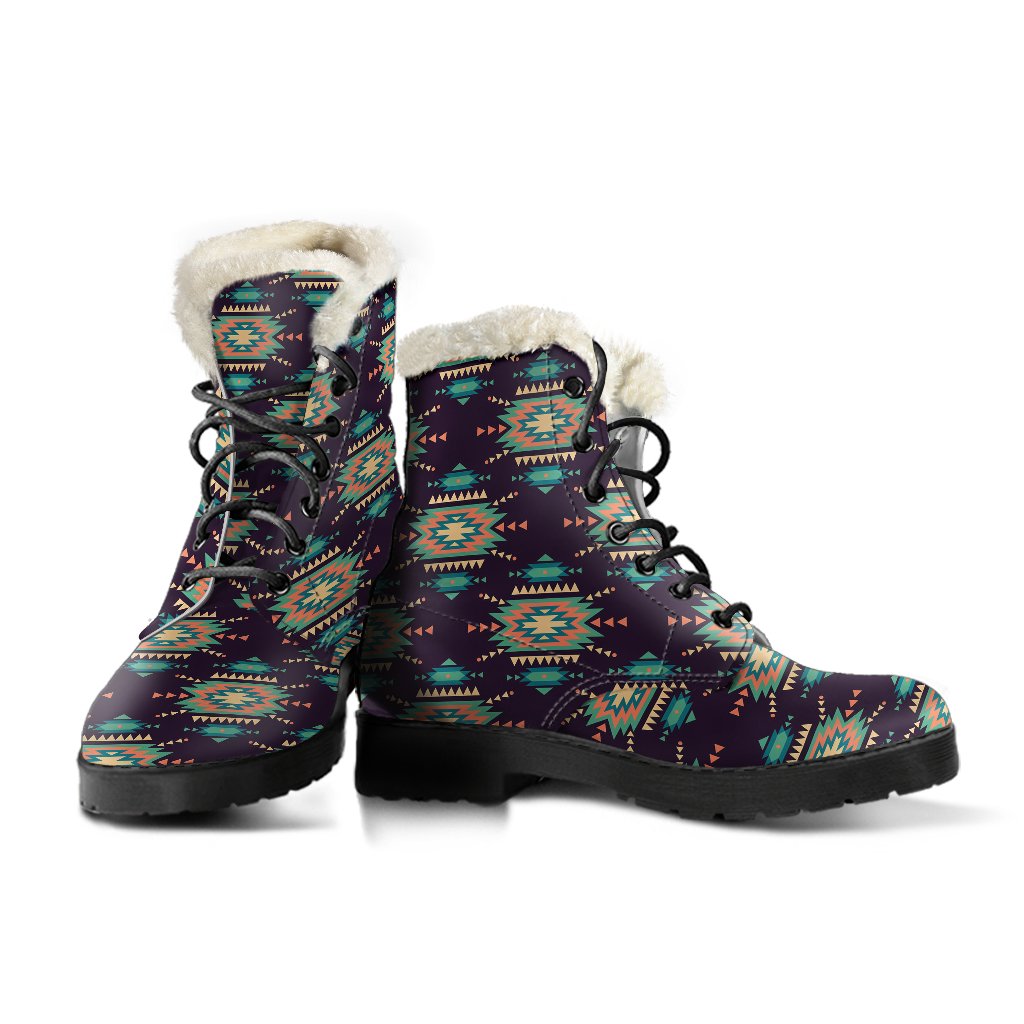 Navajo Geometric Style Print Pattern Faux Fur Leather Boots-JTAMIGO.COM