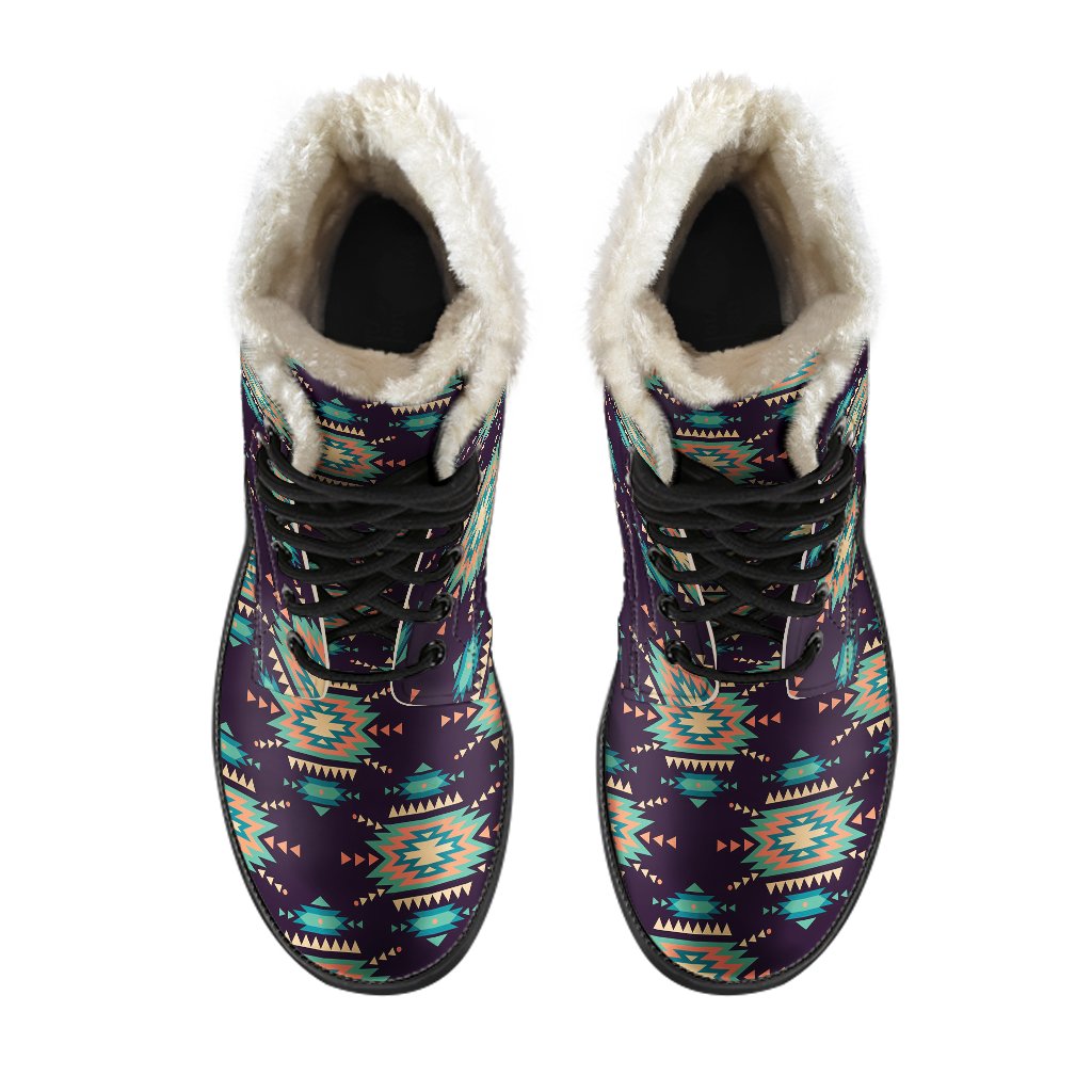 Navajo Geometric Style Print Pattern Faux Fur Leather Boots-JTAMIGO.COM