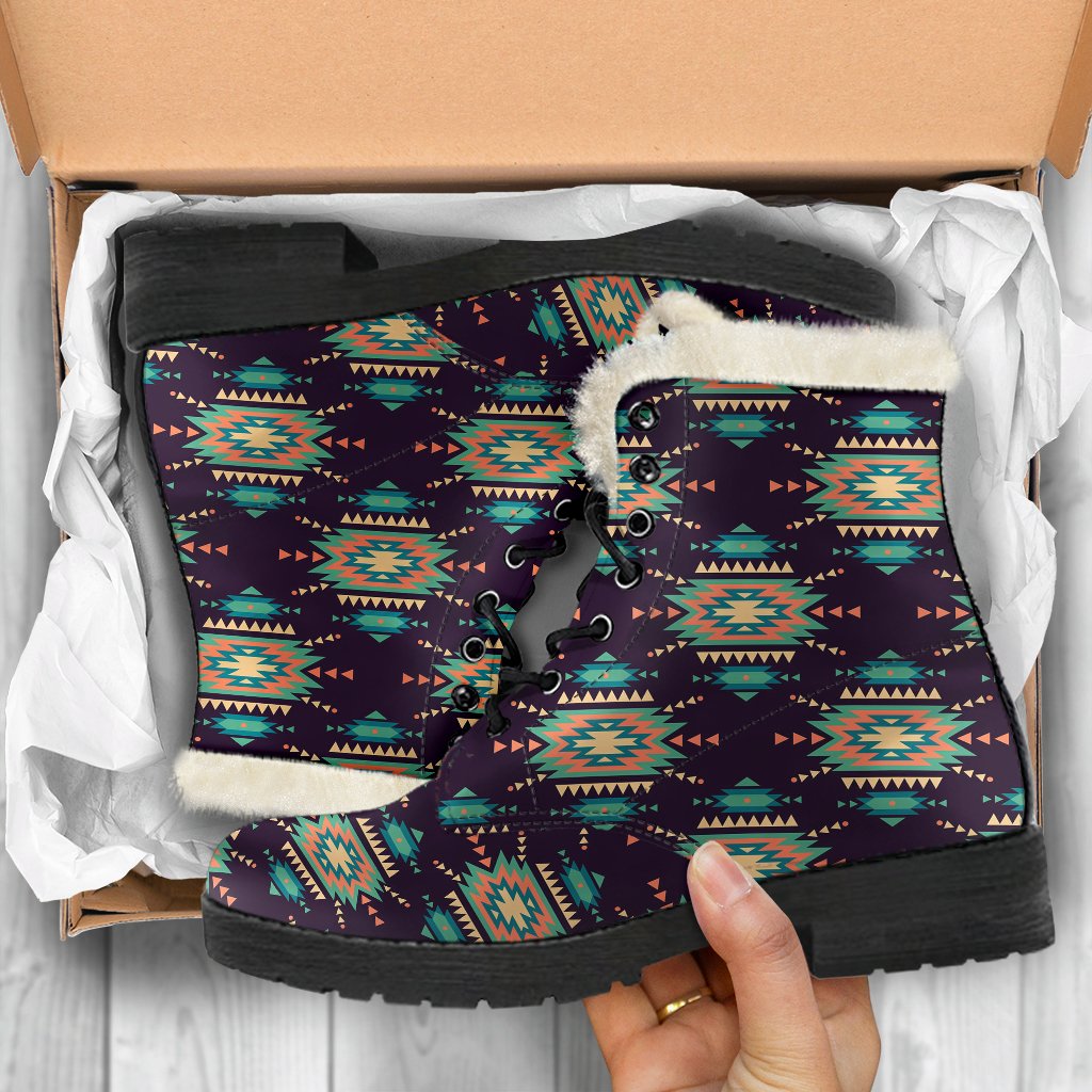 Navajo Geometric Style Print Pattern Faux Fur Leather Boots-JTAMIGO.COM