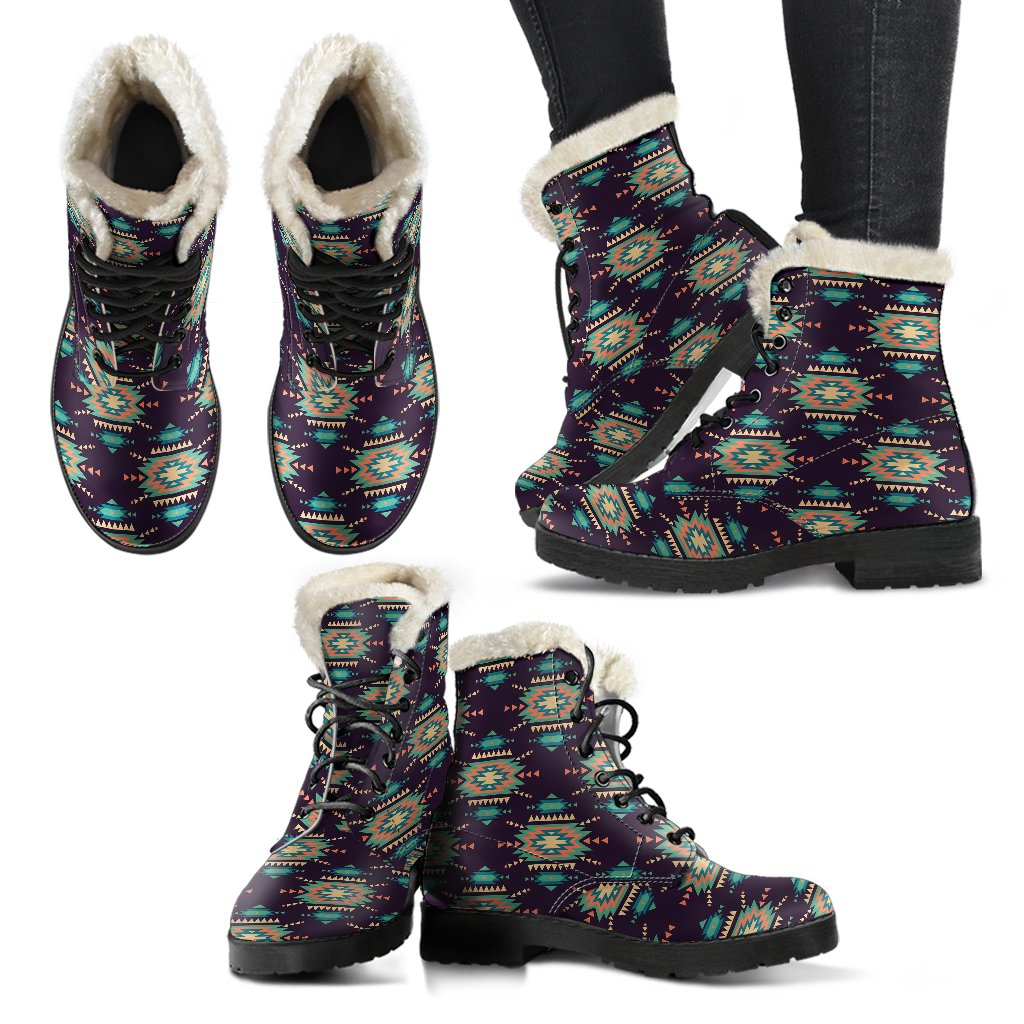 Navajo Geometric Style Print Pattern Faux Fur Leather Boots-JTAMIGO.COM