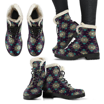 Navajo Geometric Style Print Pattern Faux Fur Leather Boots-JTAMIGO.COM