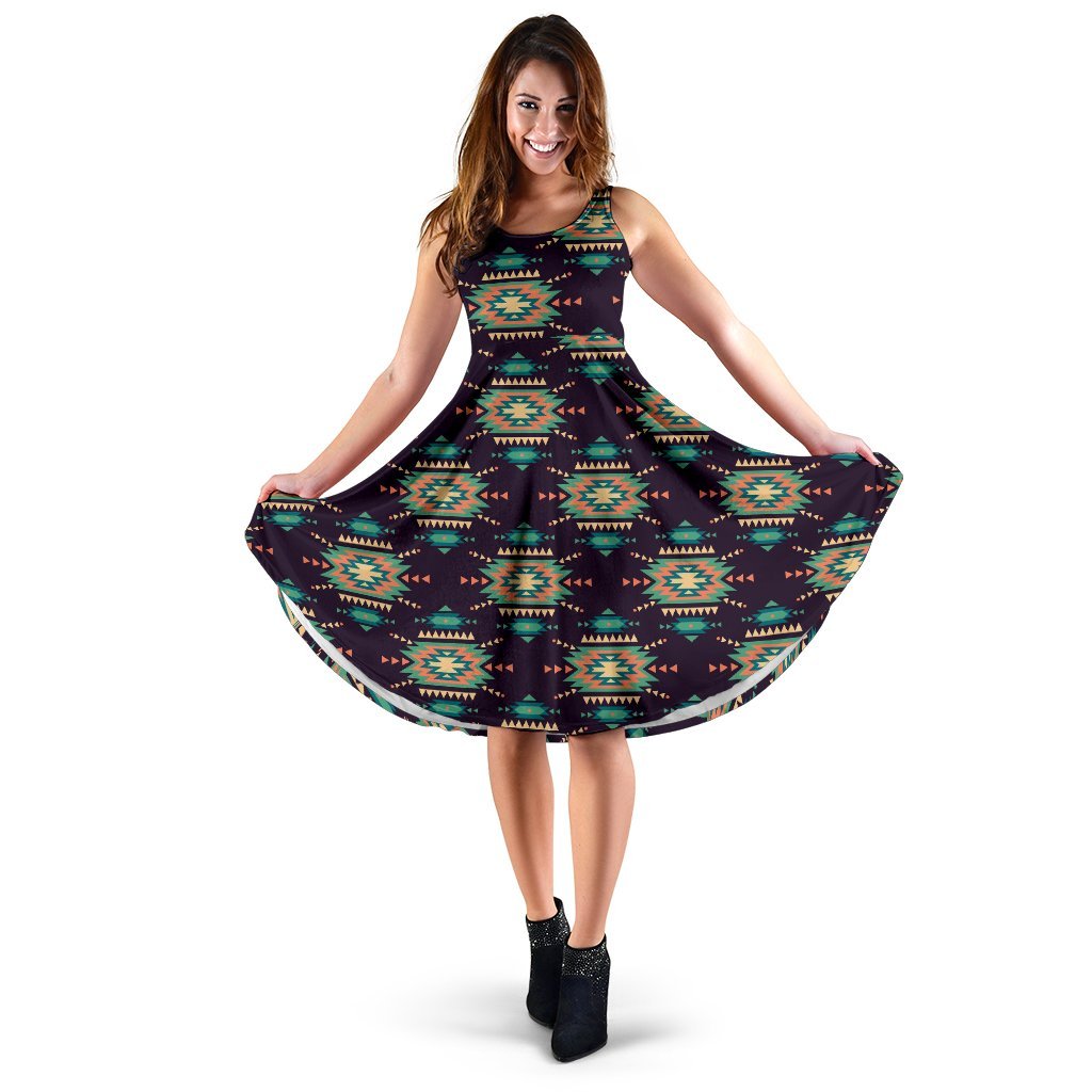Navajo Geometric Style Print Pattern Sleeveless Dress