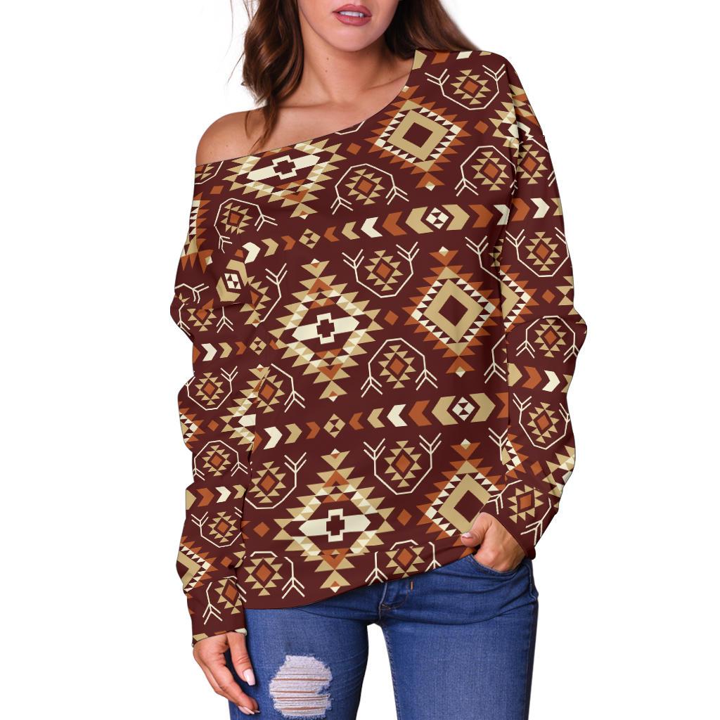 Navajo Native Color Print Pattern Off Shoulder Sweatshirt